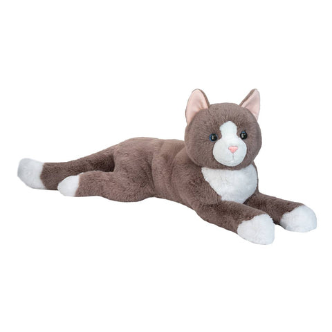 A plush stuffed animal resembling a cat with gray and white coloring, laying down with its paws extended.
