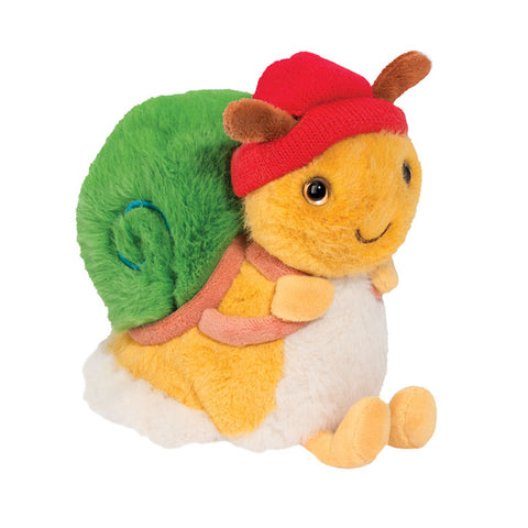 Plush snail toy wearing its green shell like a backpack, also wearing a red beanie.