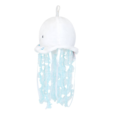 White jellyfish-shaped toy with blue tentacles on a white background