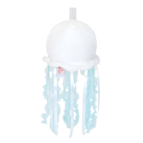 White jellyfish-shaped object with light blue tentacles on a white background