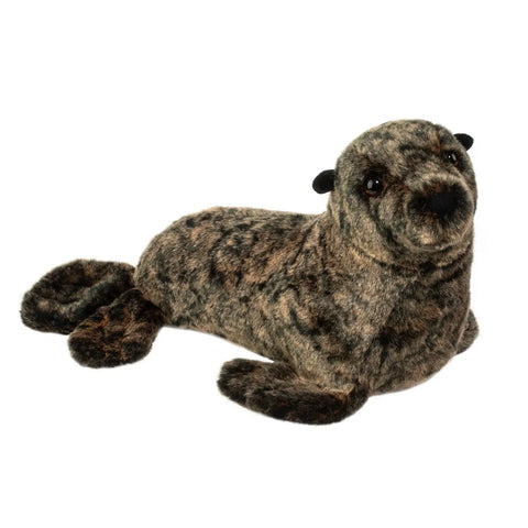 Image shows a stuffed brown and black speckled sea lion
