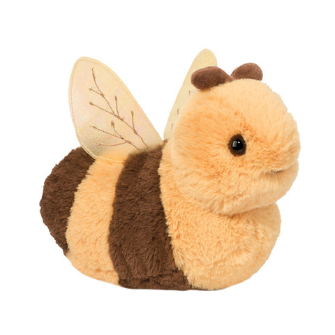 Plush toy bee with brown and yellow stripes on a white background