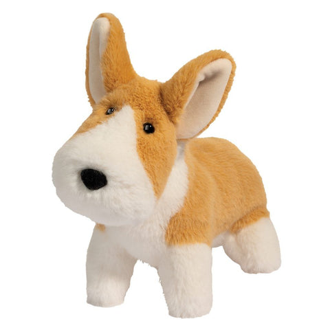 A plush Corgi toy with a large, round muzzle on a white background