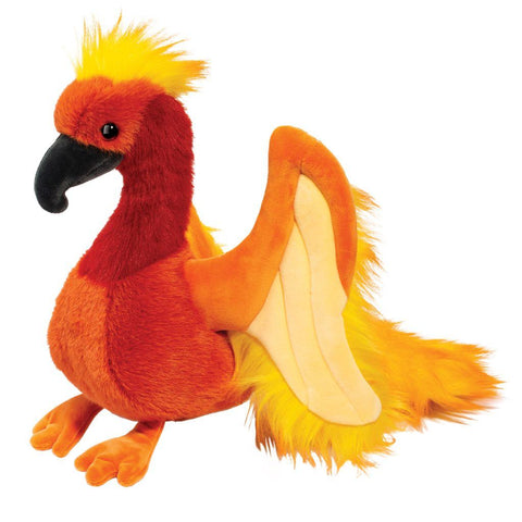 Image shows a stuffed phoenix bird. It has furry wings and tail resembling fire and a black beak.