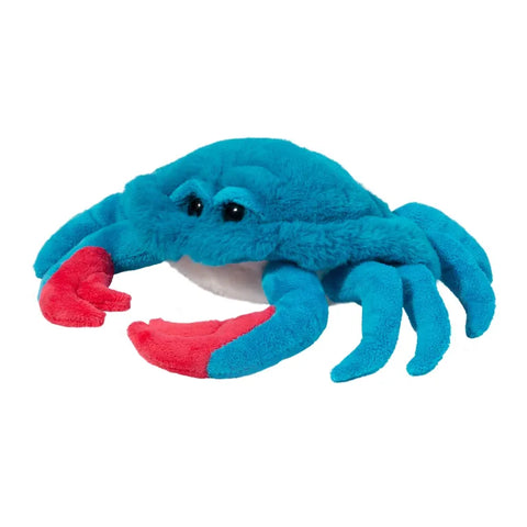 Image shows a stuffed crab. Its body is blue, and its front claws are red. Its underside is white.