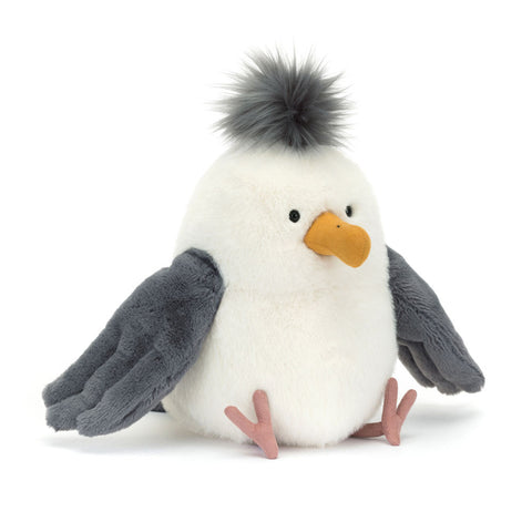 Stuffed seagull with grey wings and a grey tuft on top of its head