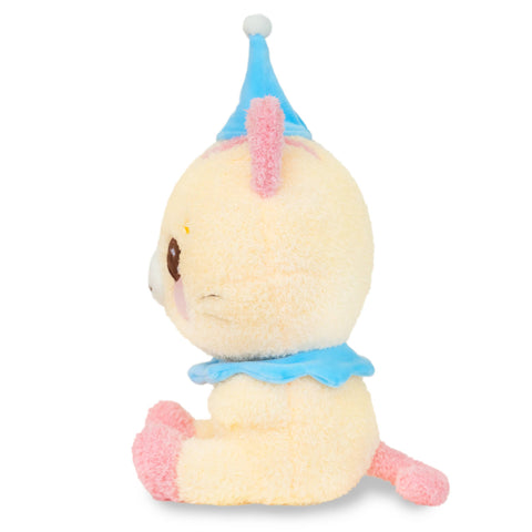 Side view of a plush cat wearing a clown hat and collar