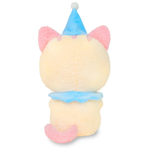 Back view of a plush cat wearing a clown hat and collar