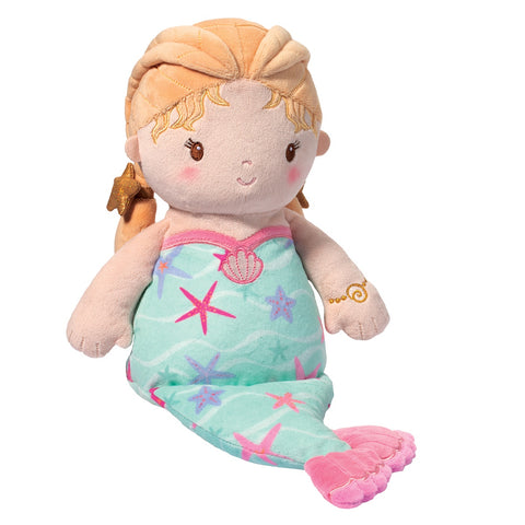 Plush toy mermaid with blonde hair and starfish pattern on a white background