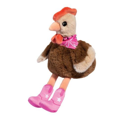 A plush chicken toy wearing pink cowboy boots and a pink bandana on a white background