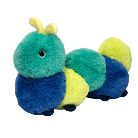 Plush toy caterpillar with green, blue, and yellow colors on a white background