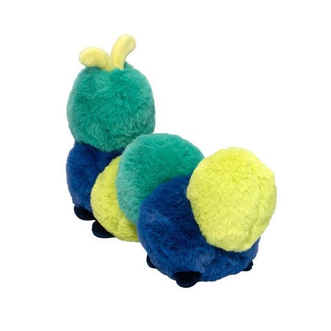 Plush toy caterpillar with green, blue, and yellow segments on a white background
