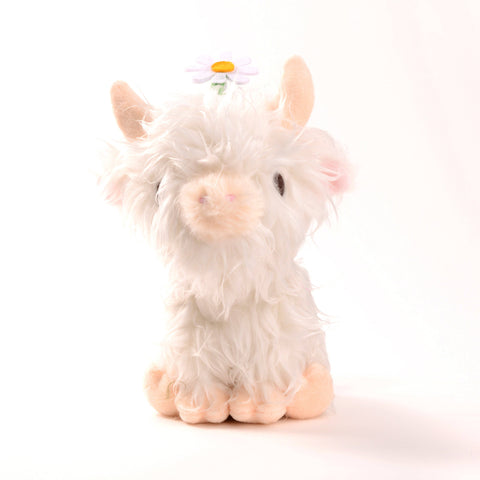 A plush toy resembling a Highland cow with a daisy on its head, featuring faux fur, minky, and felt materials.