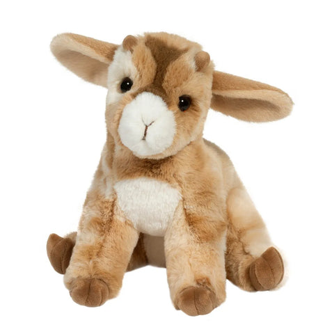 A plush stuffed animal resembling a young goat with a brown and white color, sitting upright.