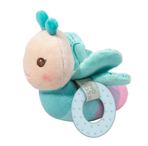 A soft, stuffed pastel dragonfly rattle. It also has a rubber ring hanging from it.