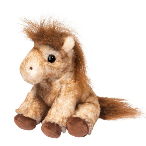 Plush horse toy with brown and beige fur on a white background