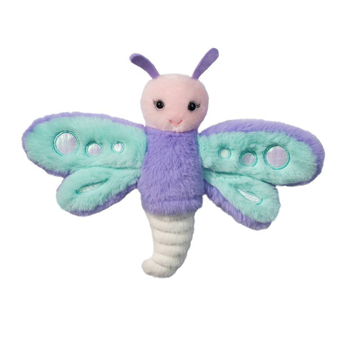 Plush dragonfly toy with purple and teal wings on a white background