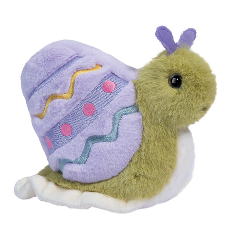 Plush green toy snail with a purple easter egg shell