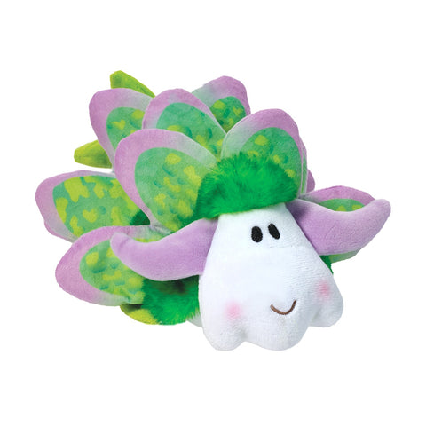 A plush sheep with green and purple leaf-like fur on a white background