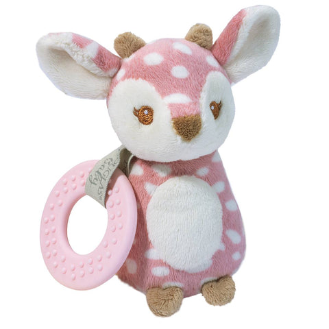 Pink and white spotted deer plush rattle with a pink teether on a white background