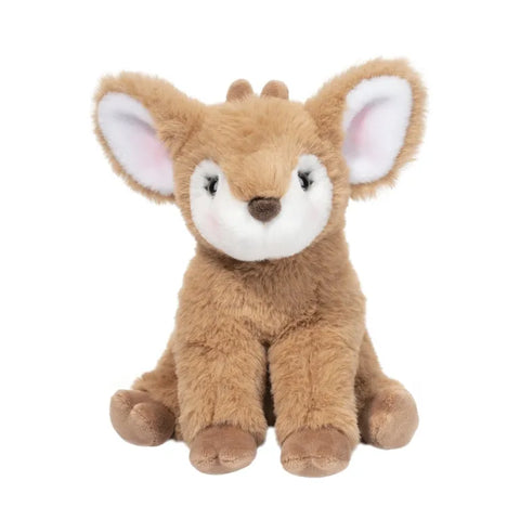Image shows a soft-looking stuffed fawn. It is sitting.