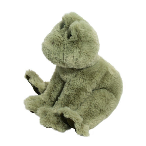 Green plush toy resembling a frog on a white background
