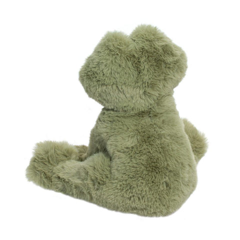 Back view of a Green plush frog toy on a white background
