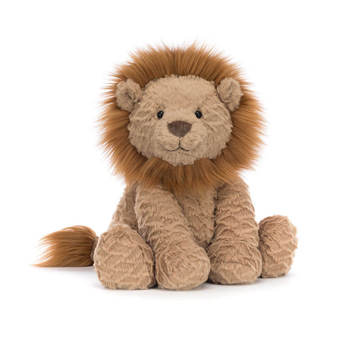 Image shows a furry stuffed lion with a fuzzy mane and tail tip