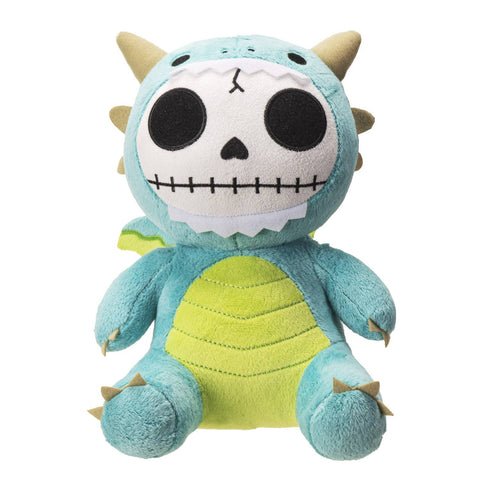 Image shows a teal dragon stuffed animal with a skeleton face