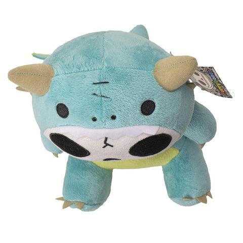 Image shows a top-down view of the teal dragon stuffed animal