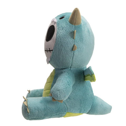 Image shows a side view of the teal dragon stuffed animal