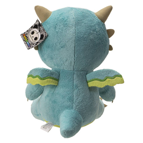 Image shows a back view of the teal dragon stuffed animal. It shows its small teal and green wings.