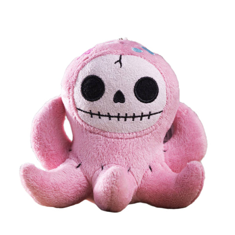 Image shows a small, pink stuffed octopus. Its tentacles are stitched on with black stitches and it has a skeleton-like face.