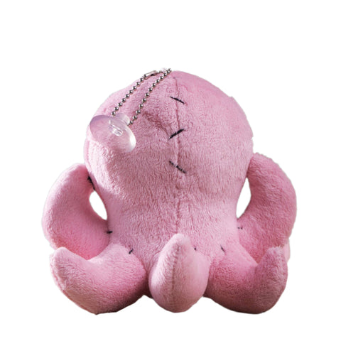 Image shows a back view of the stuffed octopus. It has a suction cup hanging from a chain attached to the top of its head.