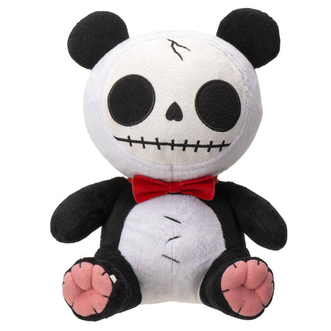 Image shows a stuffed Panda which is stitched together in various places. It has a skeleton-like face.