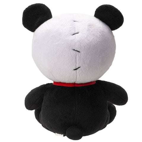 Image shows a back view of the stuffed panda. Its head is stitched together with black stitches.
