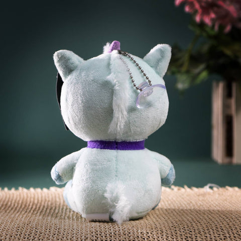 Image shows a back view of the stuffed unicorn. It has a suction cup attached to a chain attached to the top of its head.