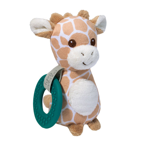 A stuffed giraffe rattle with a green silicone teething ring hanging from it