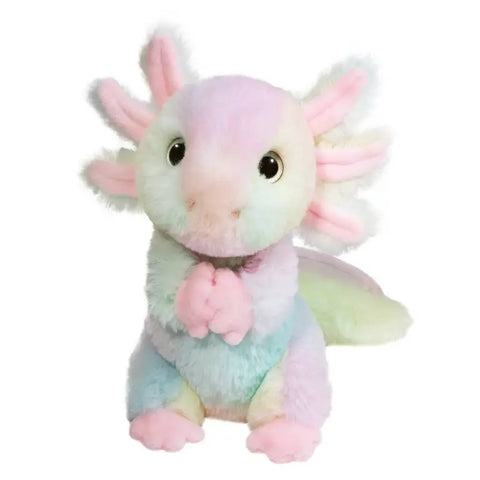 Image shows a stuffed axolotl. It is pastel rainbow tie dye in color and has light yellow eyes.