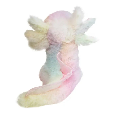 Image shows a back view of the stuffed axolotl. The ride down its spine and tail is light pink.