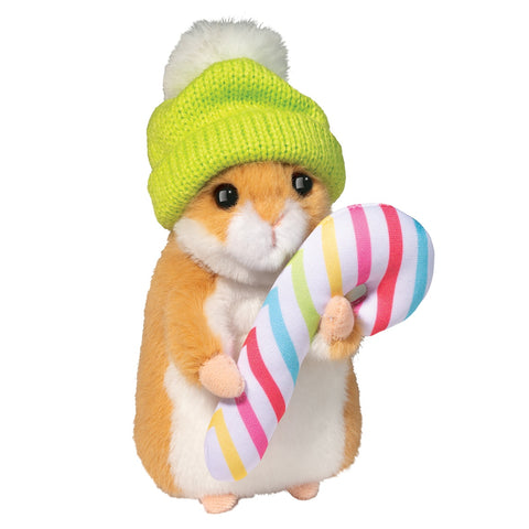 Plush toy hamster wearing a green hat with a striped candy cane on a white background