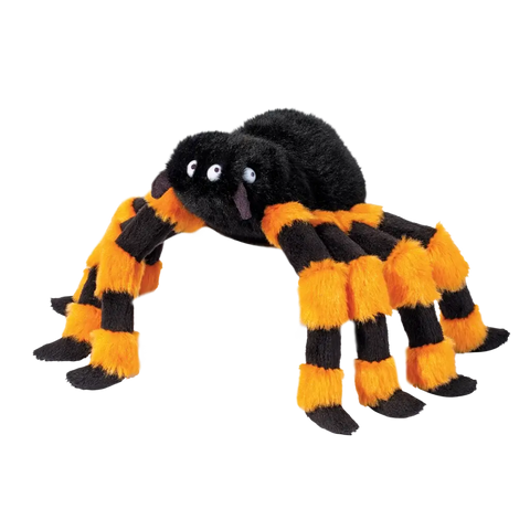 Plush spider toy with black and orange stripes on a white background