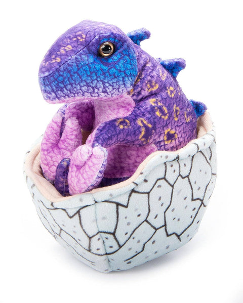 Image shows a purple t-rex hatching out of an egg. Note: product is an Orange t-rex.