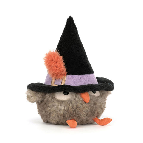 Plush brown owl toy wearing a black and purple witch's hat with an orange feather