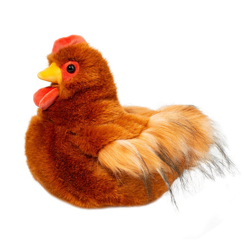Plush toy chicken with a red comb on a white background
