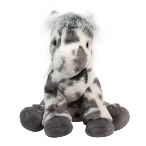 A front view of the plush spotted horse