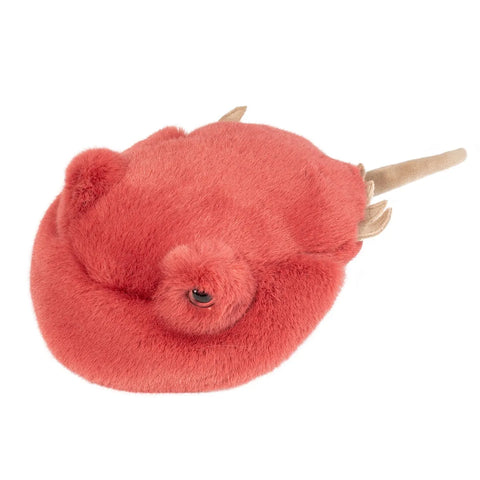 Image shows a red stuffed horseshoe crab with red plastic eyes. Its spikes and tail are tan.