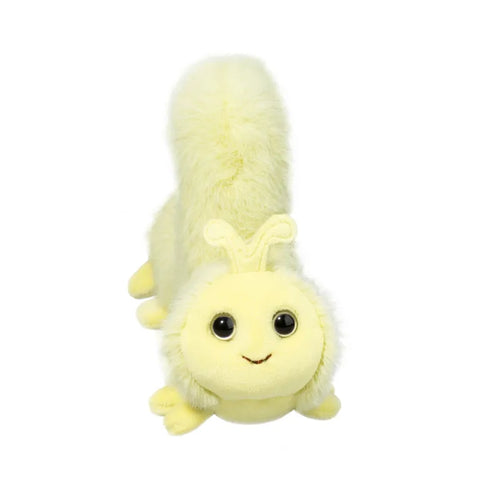 Front view of a plush yellow-green inchworm on a white background