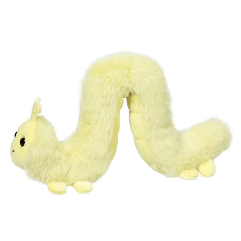 Side view of a plush yellow-green inchworm toy on a white background