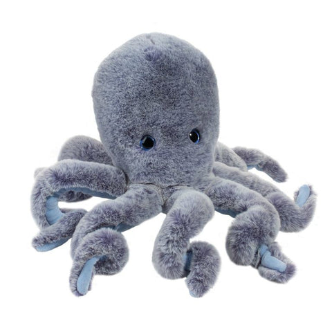 Image shows a blue stuffed octopus with blue plastic eyes
